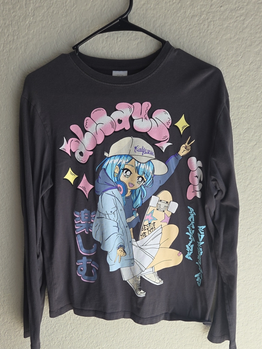 Zara Black Long-Sleeve Tee with Pink & Blue Anime Graphic